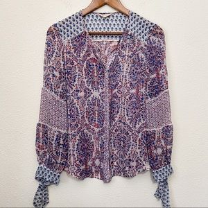Rebecca Taylor 100% Silk Mixed Print Blouse Size 6 Tie Sleeves